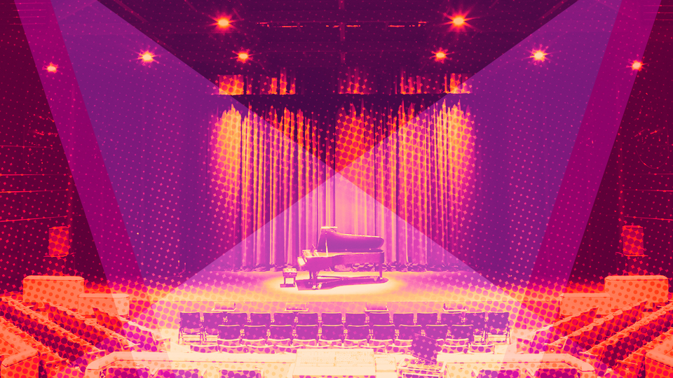 A grand piano on an empty stage with purple and orange overlays.