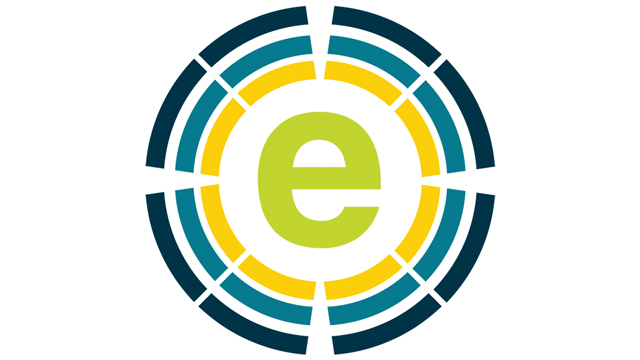 Stylized letter E with yellow, green and blue rings.
