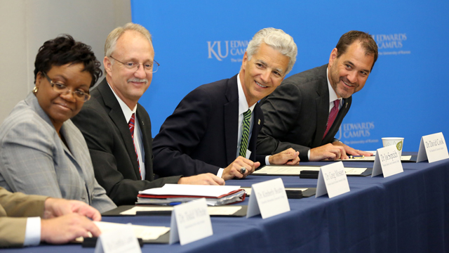 Left to right: Dr. Kimberly Beatty, Chancellor of Metropolitan Community College; Dr. Greg Mosier, President of Kansas City Kansas Community College; Dr. Joe Sopcich, President of Johnson County Community College; Dr. David Cook, Vice Chancellor of KU Edwards Campus