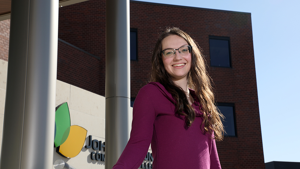 JCCC student Jacquelyn White standing outside the Student Center on the JCCC campus.