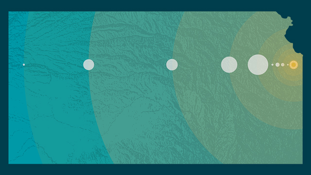 Graphic displaying a to-scale model of the solar system compared to the state of Kansas.