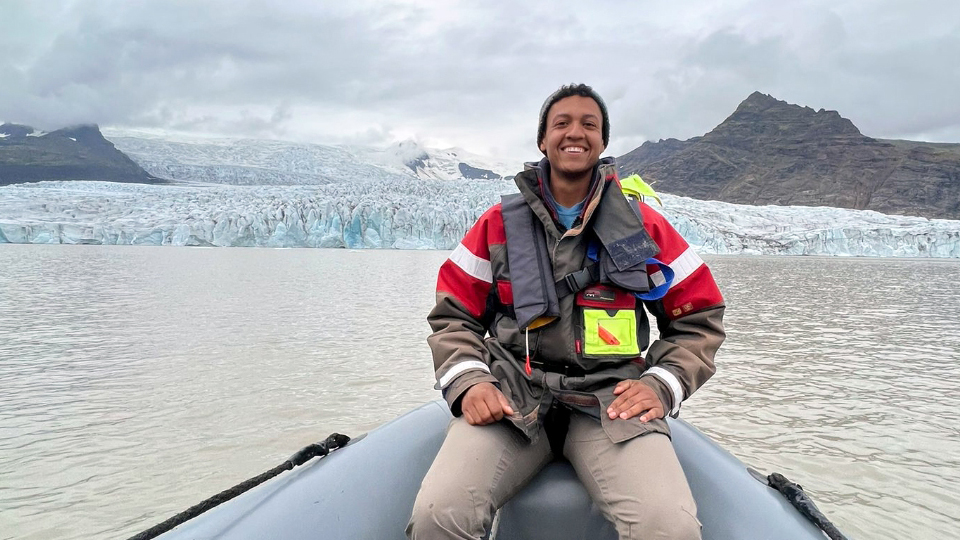 Chris Sanders in a boat on a glacier tour in Iceland.