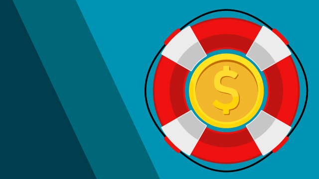 A red and white life preserver on a blue background. There is a coin in the center of the life preserver