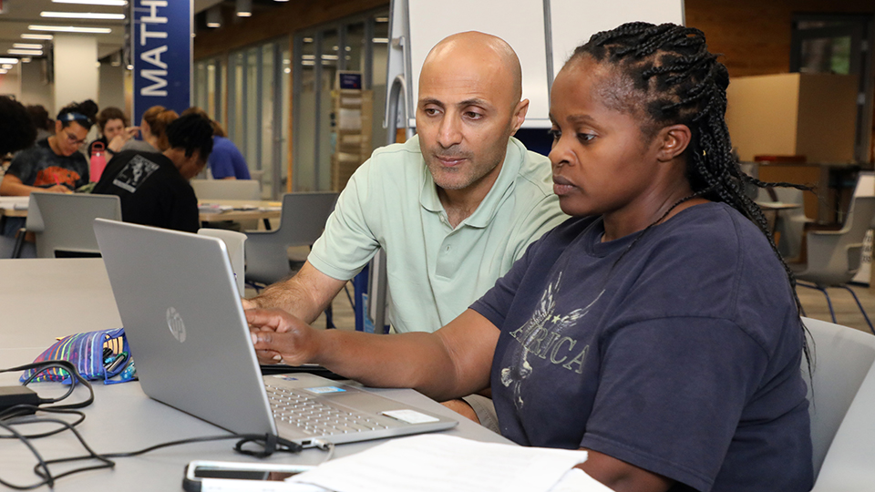 Student and tutor working together using a laptop