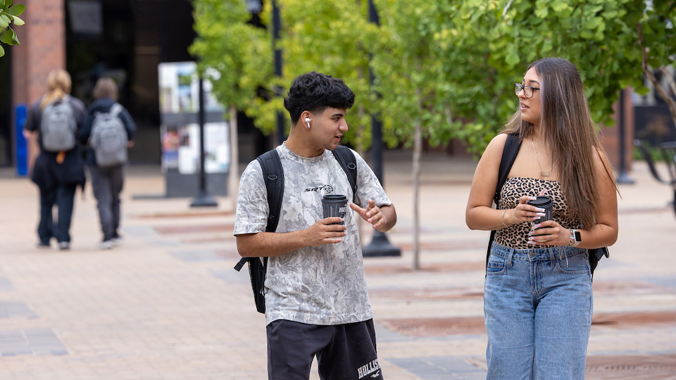 Students chatting on campus between the Science and COM buildings