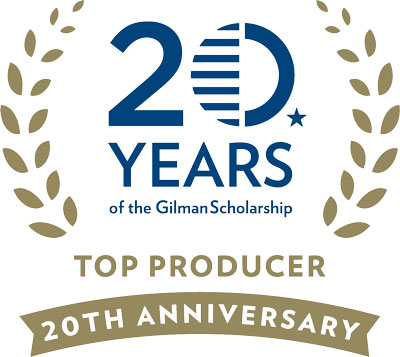 Gilman award logo: 20 years of the Gilman Scholarship Top Producer 20th Anniversary