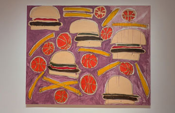 painting of hamburgers, French fries, and basketballs
