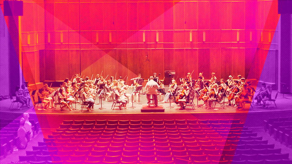 A student orchestra perfoms on the Yardley Hall stage at JCCC.