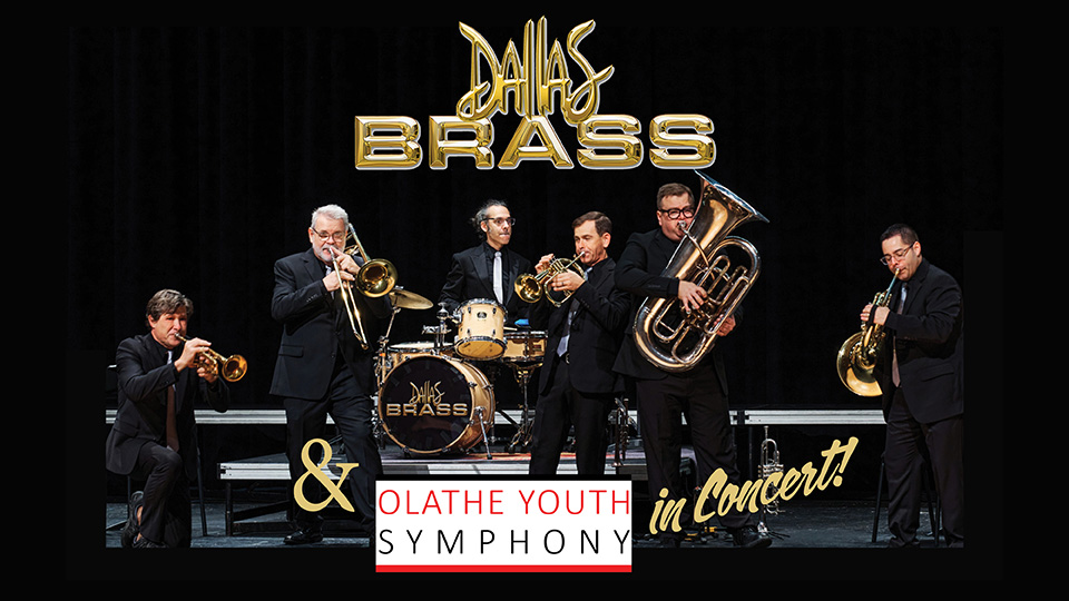 The 7 members of Dallas Brass wearing black and holding their instruments on a black background with the words Dallas Brass and Olathe Youth Symphony in concert 