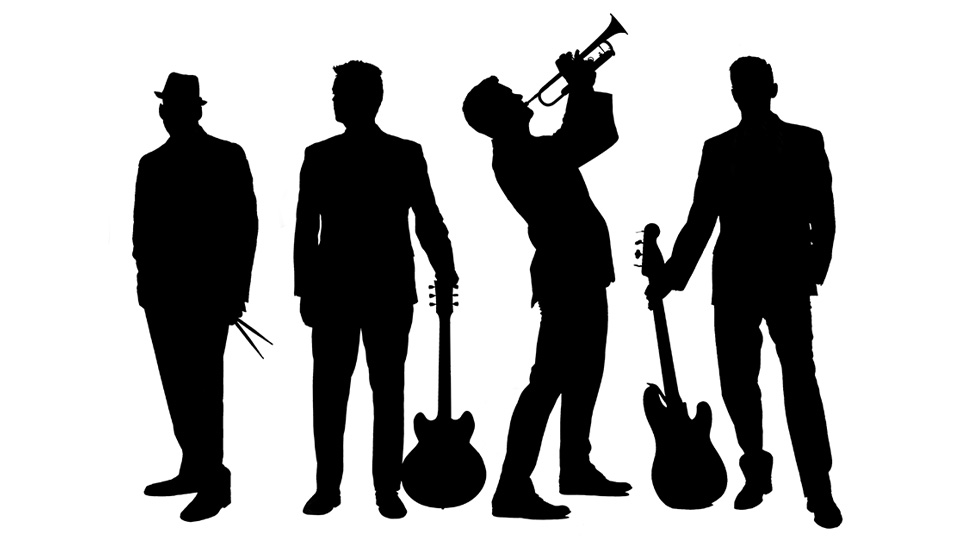 Silhouettes of a drummer, guitarist, bassist and trumpeter.