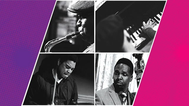 collage of 4 black and white photos showing the members of KC Jazz Disciples playing their instruments