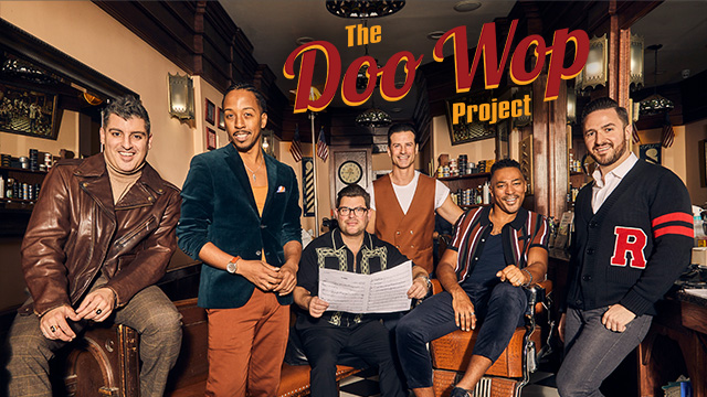 six musicians pose for a picture in a studio with the words Doo Wop Project superimposed on the image