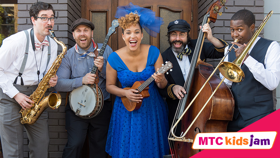 The five members of jazzy ash hold their instruments and smile at the camera