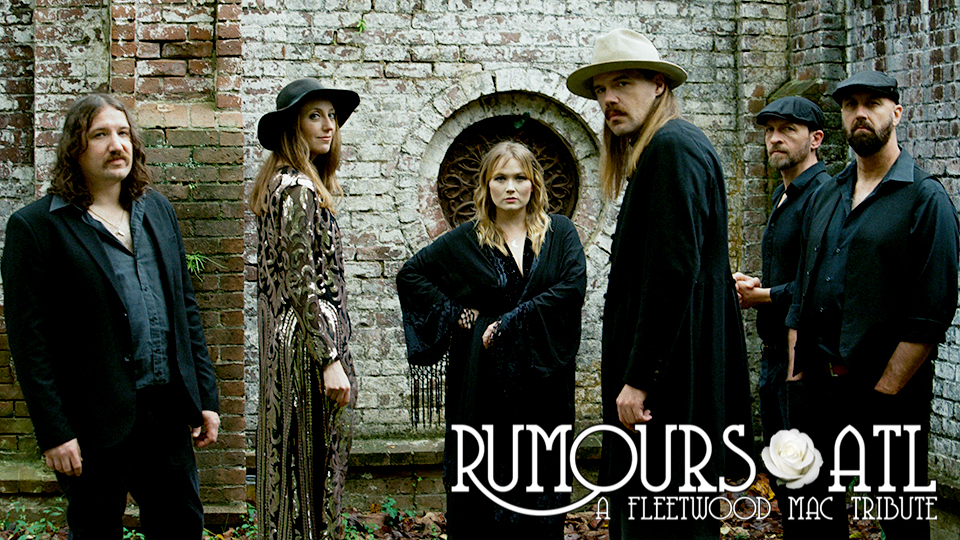 a picture of the Fleetwood Mac tribute band in front of a cityscape with the words Rumours