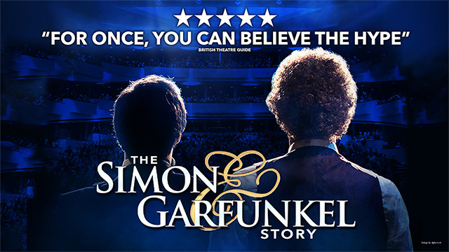 a view from behind the head and shoulders of Simon and Garfunkel looking out at a theatre with five stars and the words for once, you can believe the hype the Simon and Garfunkel story