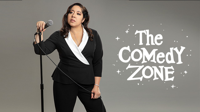 the words The Comedy Zone next to an image of Gina Brillon standing at a microphone