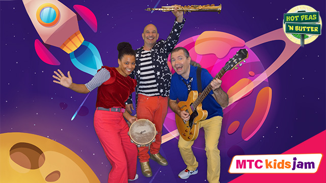 the three members of Hot Peas N' Butter standing and smiling in front of a cosmic background.