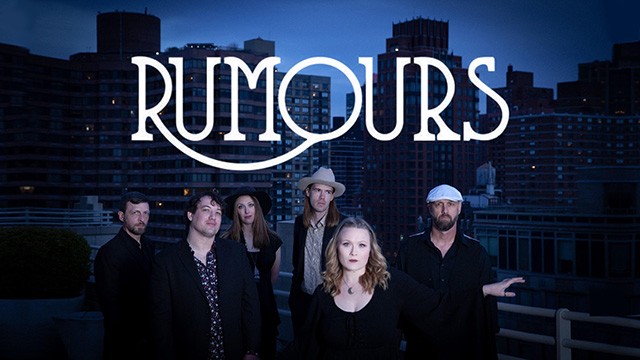 a picture of the Fleetwood Mac tribute band in front of a cityscape with the words Rumours