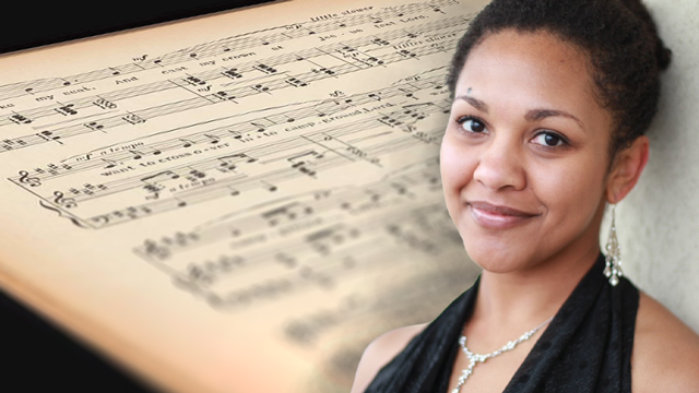 portrait of LaTeesha Jackson next to an image of sheet music