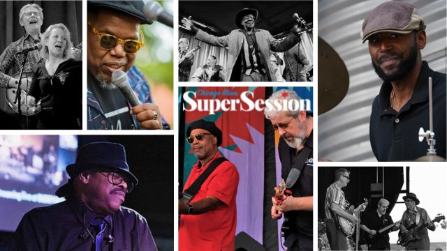 photo collage of performing musicians with the words Super Session
