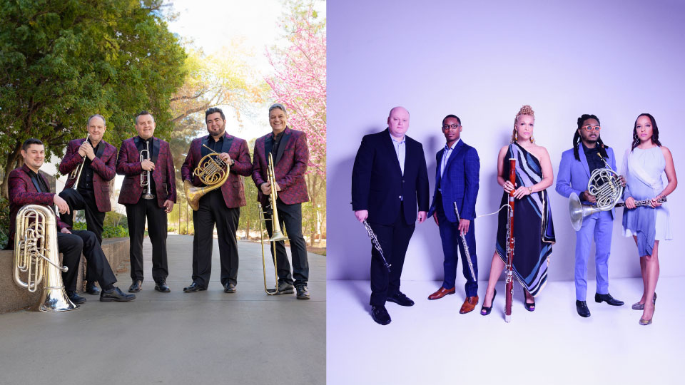 side by side photos of each ensemble - in each photo the five members of the ensemble are standing in a row holding their instruments
