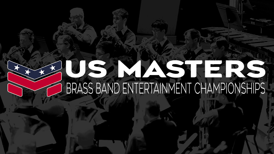 The words US Masters Brass Band Entertainment Championships superimposed on a faded black and white picture of a brass band performance