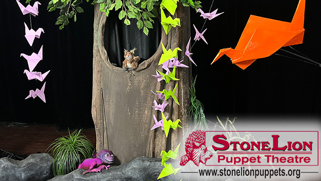 origami cranes and a tree with a squirrel puppet and the logo for Stone Lion Puppet Theatre