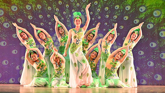 11 Chinese dancers pose on stage in front of a peacock backdrop
