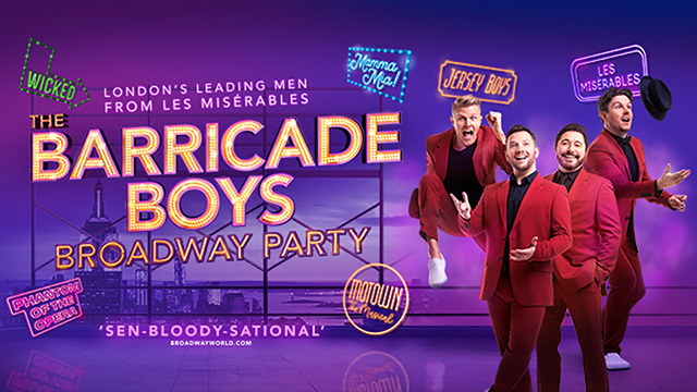 the four members of the quartet on stage next the words Barricade Boys