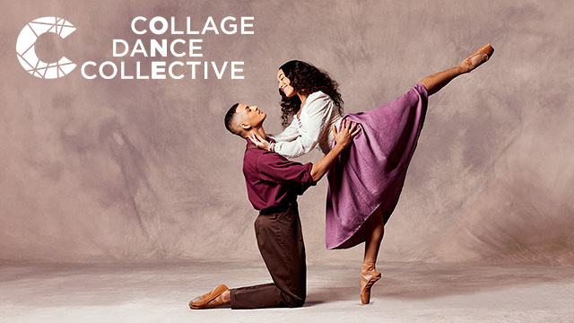 two dancers on stage - a man on his knees reaches up to a woman with one leg upraised