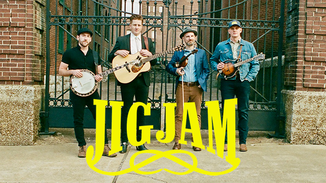 four musician stand in front of a gate holding their instruments and the words Jig Jam