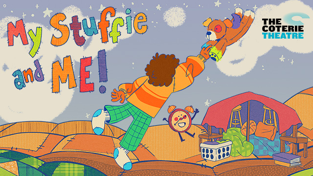 illustration of a child swinging a stuffed animal in the air with the words My Stuffie and Me The Coterie Theatre