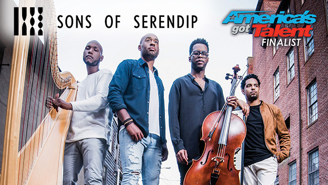 the four members of sons of serendip pose with their instruments on a city street