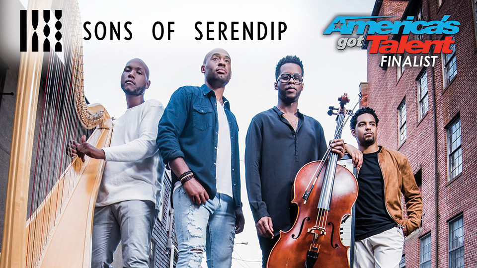 the four members of sons of serendip pose with their instruments on a city street