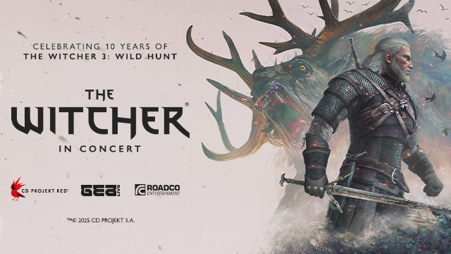 Geralt holding a sword next to the words The Witcher in Concert Celebrating 10 Years of The Witcher 3: Wild Hunt