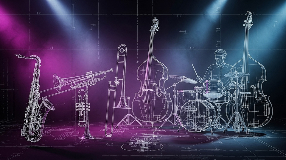 illustrated outlines of orchestra instruments on a colorful background