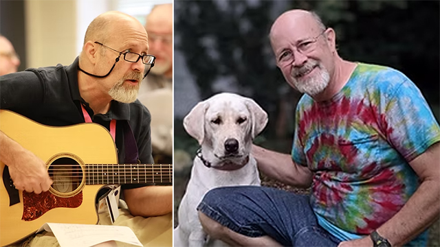 Aaron Fowler playing guitar and with his dog