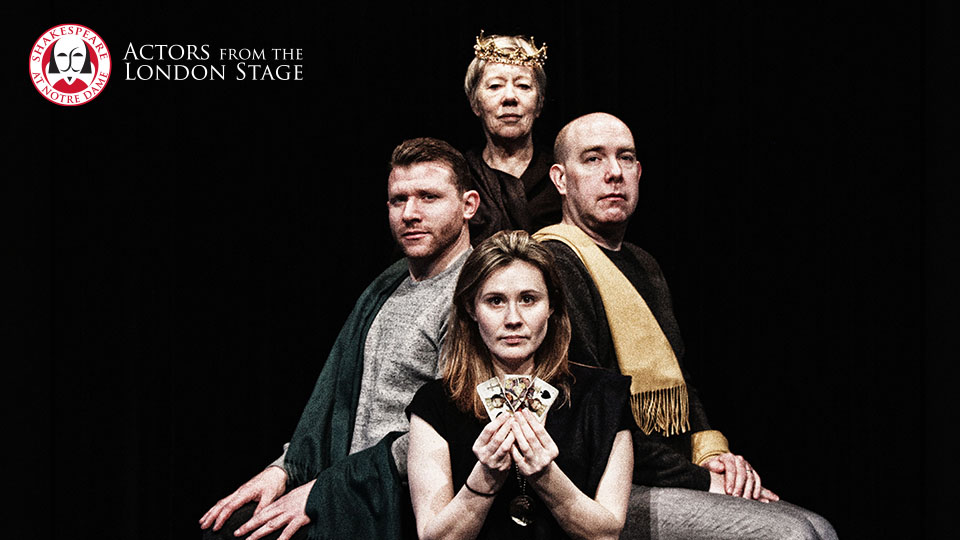 four actors portraying characters from King Lear pose in front of a black backdrop