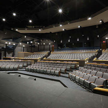 View from stage right of an empty Polsky Theatre