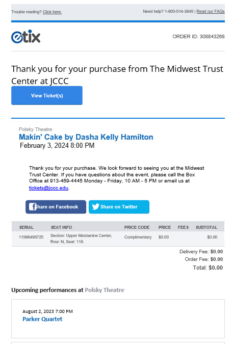 screenshot showing the confirmation email patrons receive after purchasing tickets