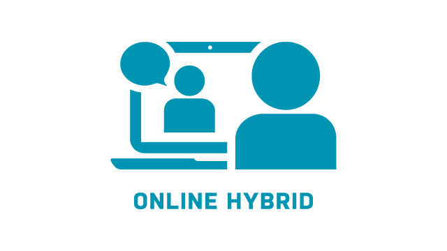 icon of a computer monitor showing a video chat with the words online hybrid