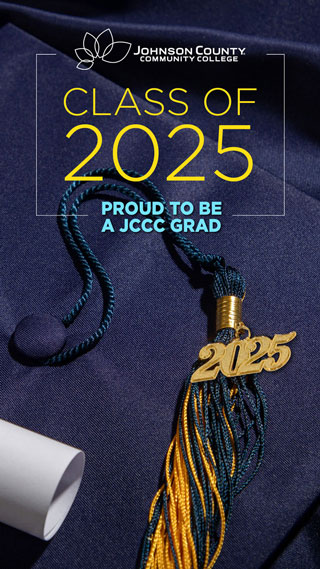 Closeup of a cap and tassel with the words Class of 2025 proud to be a J C C C grad