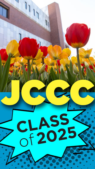 Close of red and yellow tulips with the words J C C C class of 2025
