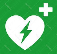 AED logo with a shock symbol within a heart and a cross next to the heart
