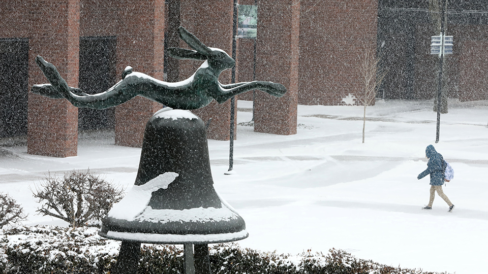 The Hare and Bell sculpture in winter