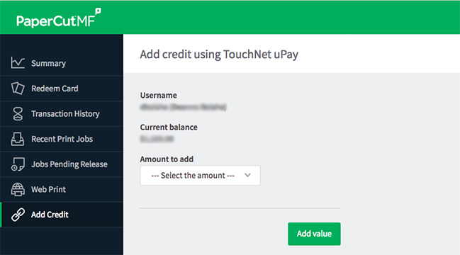Screen shot of the Add Credit interface in PaperCut