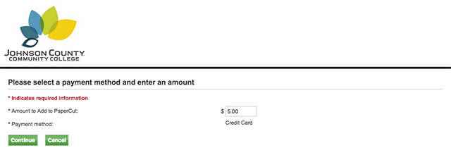 Screen shot of the first screen in Marketplace to add credit to your PaperCut account.