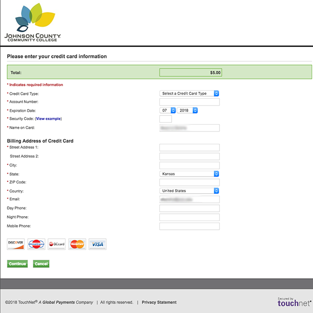 Screenshot of the Payment form in Marketplace that collects credit card details.