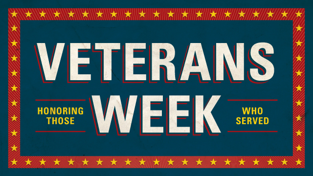 Words on blue background with a frame of stars saying Veterans Week - Honoring Those who Servied